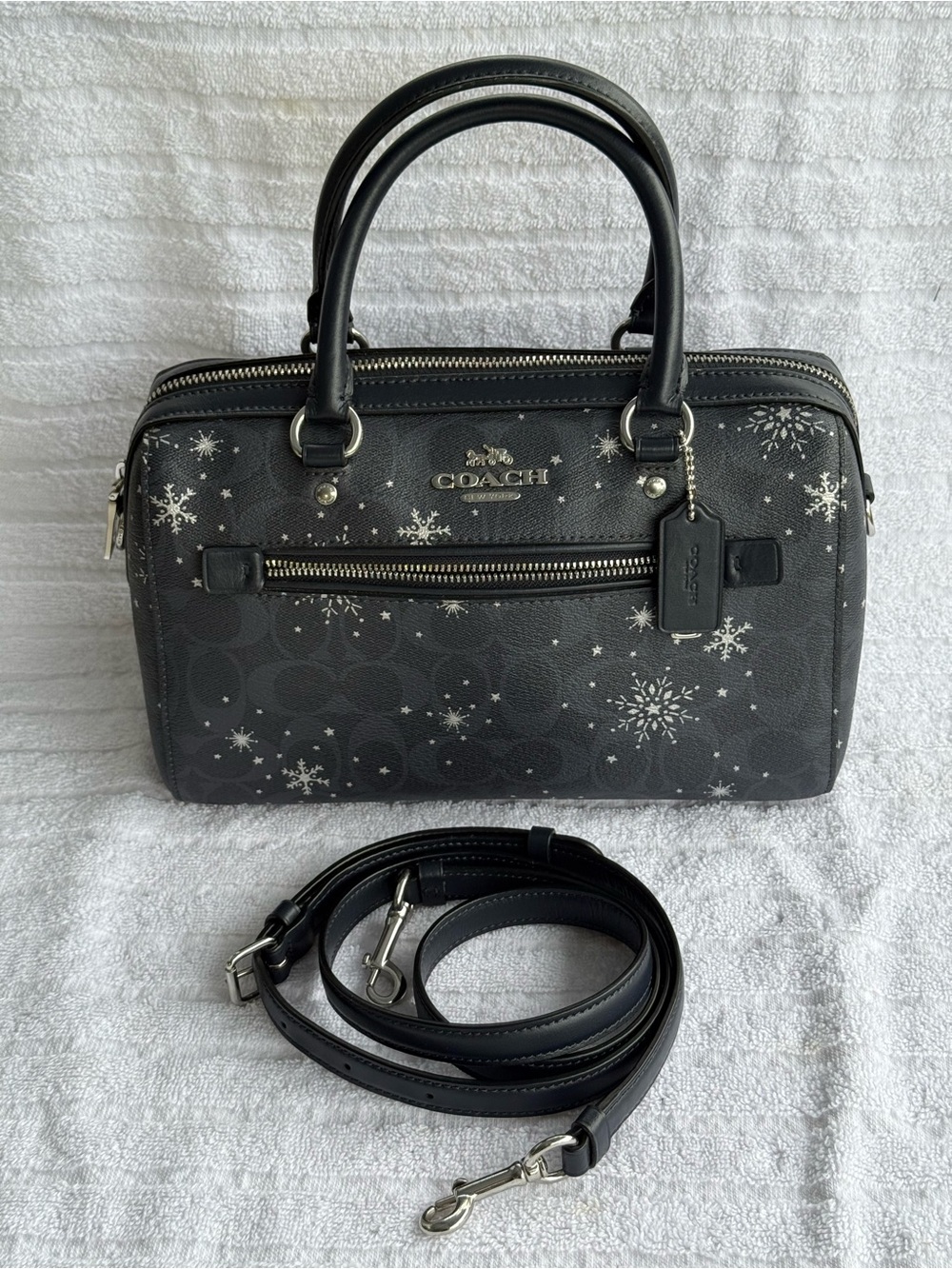 Coach Black/Grey Snowflake Signature Medium Rowan with Detachable Strap